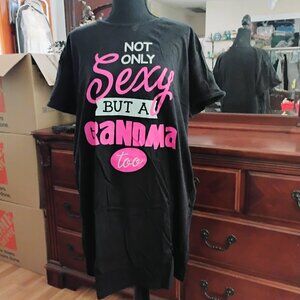 Long Black Short Sleeve Cotton Gown with Printed front